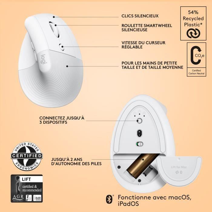 Logitech - Souris Lift pour Mac - Ergonomique sans fil - Blanc - Paloma Tech