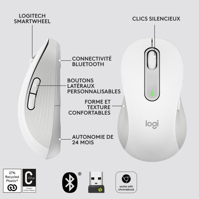 Souris Logitech Sans Fil pour gaucher Signature M650 L Left Pour Mains Larges, Silencieuse, Bluetooth, Boutons Programmables - Blanc LOGITECH