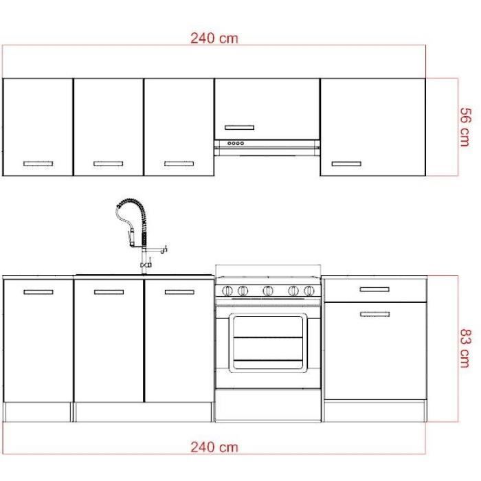 START Cuisine complete - Mélaminé blanc - Façade polymere gris brillant - L240 x P60 cm - Plan de travail fourni