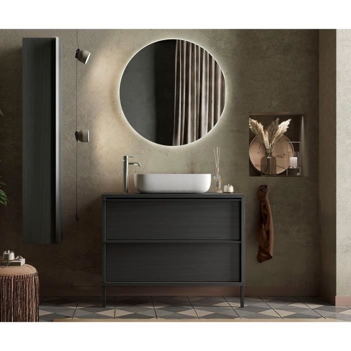 STEEL - Ensemble Meuble salle de bain sur pieds L 92cm + vasque + 2 Tiroirs - Coloris Chene noir brulé