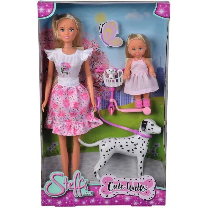 Steffi Love poupée dalmatien + Evi Love - 2 poupées 29 et 12 cm - 2 Figurines Dalmatien - Trotinette Evi - Des 3 ans