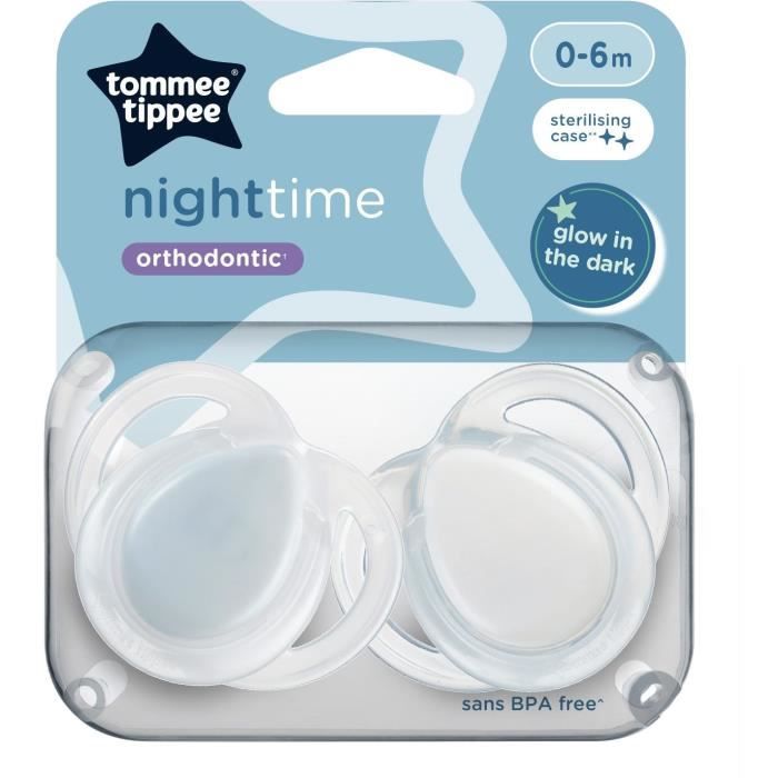 Sucette de nuit - TOMMEE TIPPEE - 0-6 mois - Lot de 2 sucettes phosphorescentes avec capsule de stérilisation