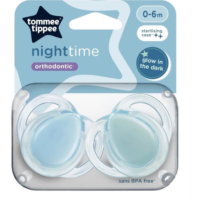 Sucette de nuit - TOMMEE TIPPEE - 0-6 mois - Lot de 2 sucettes phosphorescentes avec capsule de stérilisation