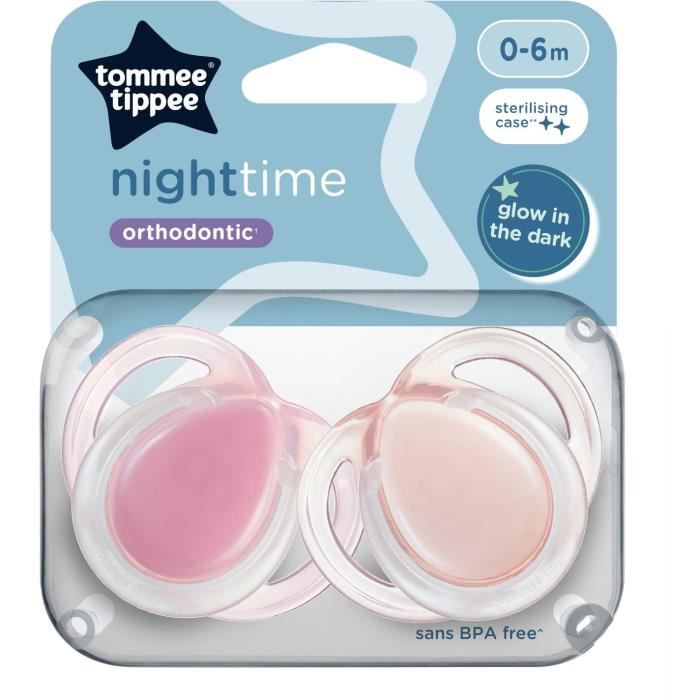 Sucette de nuit - TOMMEE TIPPEE - 0-6 mois - Lot de 2 sucettes phosphorescentes avec capsule de stérilisation