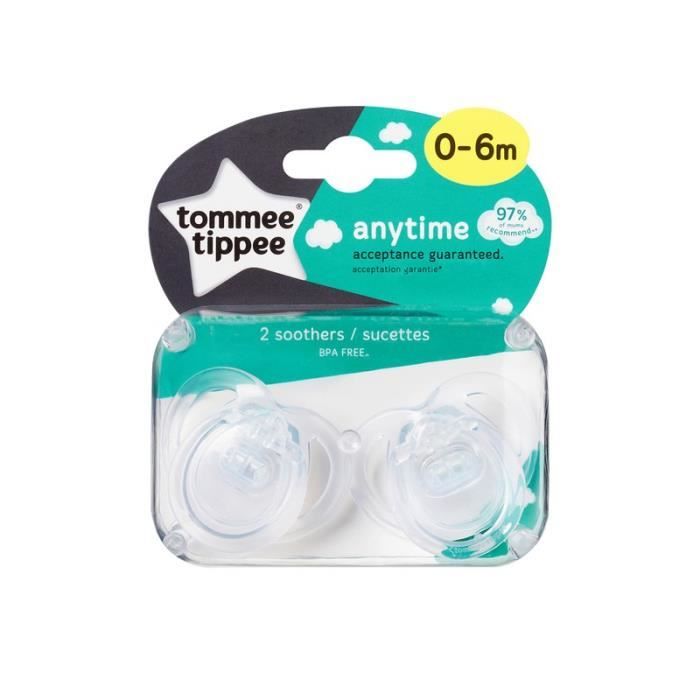 Sucette Tommee Tippee Anytime 0-6m Deux Pandas - Lot de 2 - Silicone - Bébé - Coloris aléatoire