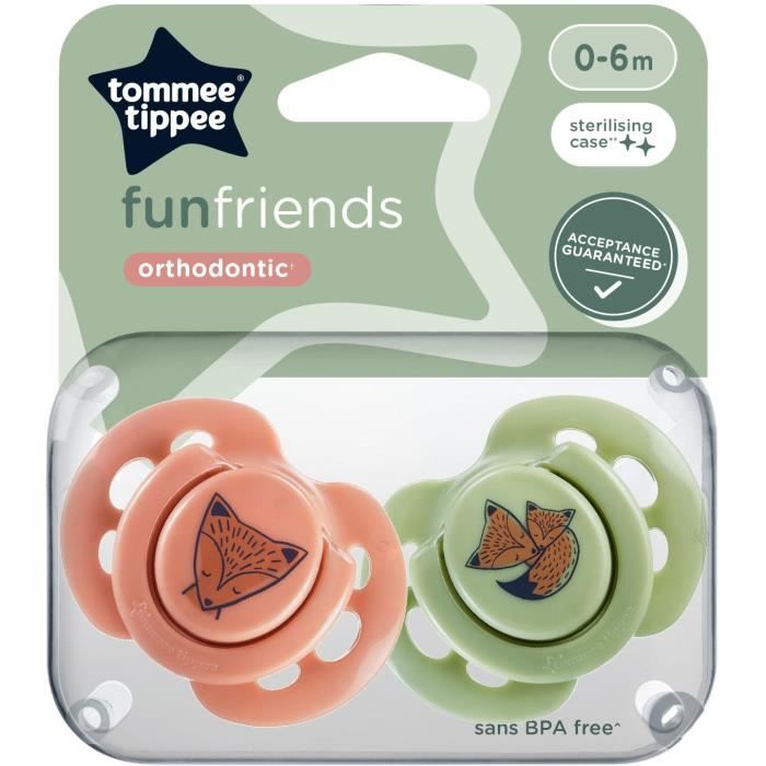 Sucette - TOMMEE TIPPEE - FUN - 0-6 mois - Lot de 2 sucettes symétriques sans BPA - Capsule de stérilisation