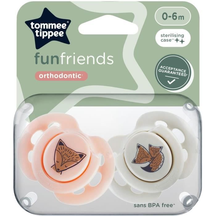 Sucette - TOMMEE TIPPEE - FUN - 0-6 mois - Lot de 2 sucettes symétriques sans BPA - Capsule de stérilisation