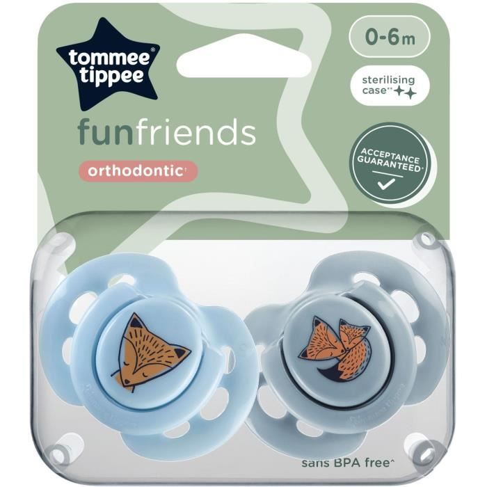 Sucette - TOMMEE TIPPEE - FUN - 0-6 mois - Lot de 2 sucettes symétriques sans BPA - Capsule de stérilisation