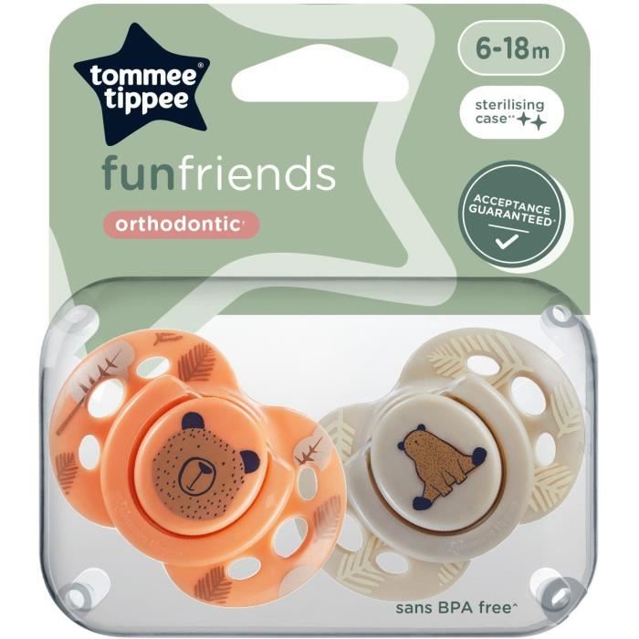 Sucette - TOMMEE TIPPEE - FUN - 6-18 mois - Lot de 2 sucettes symétriques sans BPA - Capsule de stérilisation