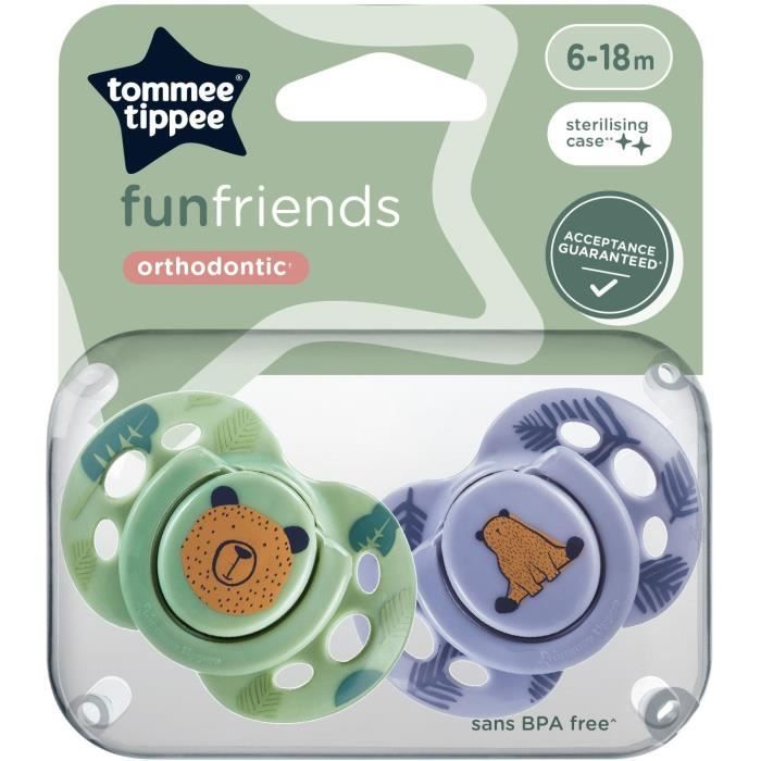 Sucette - TOMMEE TIPPEE - FUN - 6-18 mois - Lot de 2 sucettes symétriques sans BPA - Capsule de stérilisation