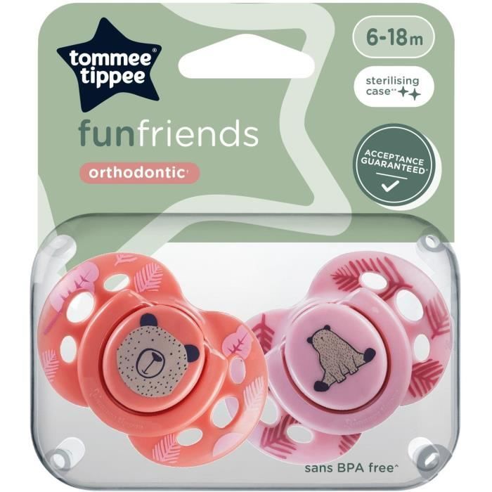 Sucette - TOMMEE TIPPEE - FUN - 6-18 mois - Lot de 2 sucettes symétriques sans BPA - Capsule de stérilisation