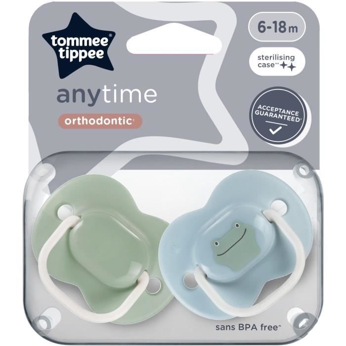 Sucettes - TOMMEE TIPPEE - ANYTIME - 6-18 mois - Lot de 2 sucettes symétriques sans BPA - Capsule de stérilisation