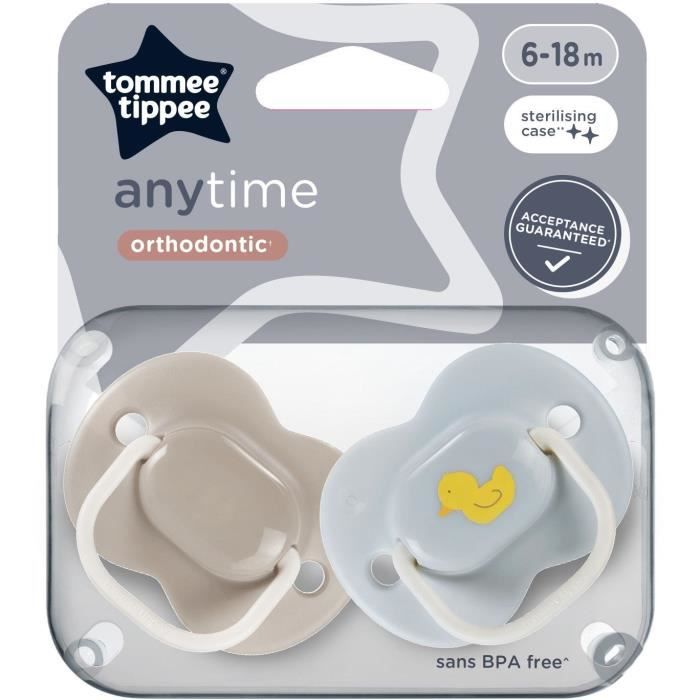 Sucettes - TOMMEE TIPPEE - ANYTIME - 6-18 mois - Lot de 2 sucettes symétriques sans BPA - Capsule de stérilisation