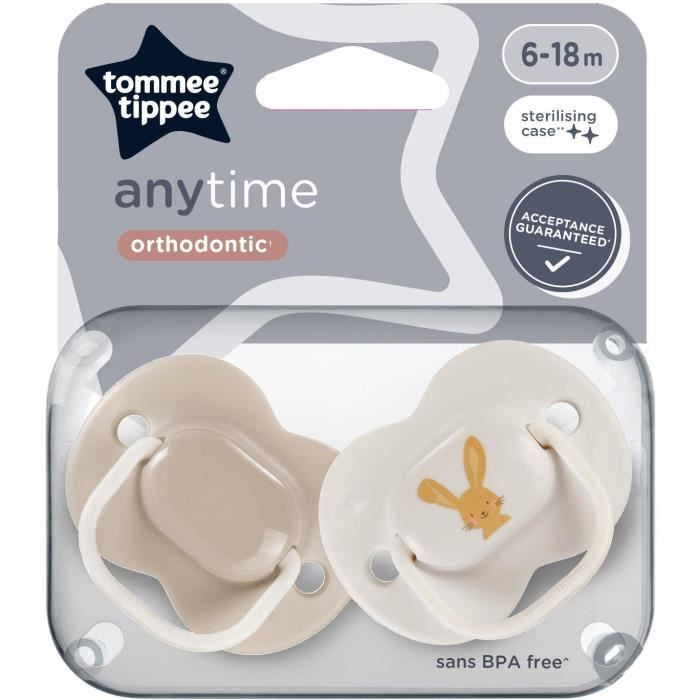 Sucettes - TOMMEE TIPPEE - ANYTIME - 6-18 mois - Lot de 2 sucettes symétriques sans BPA - Capsule de stérilisation