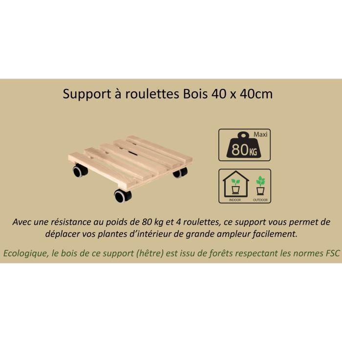 Support a roulettes carré en Bois - EDA PLASTIQUE - 40 x 40 cm - 4 roulettes EDA PLASTIQUE