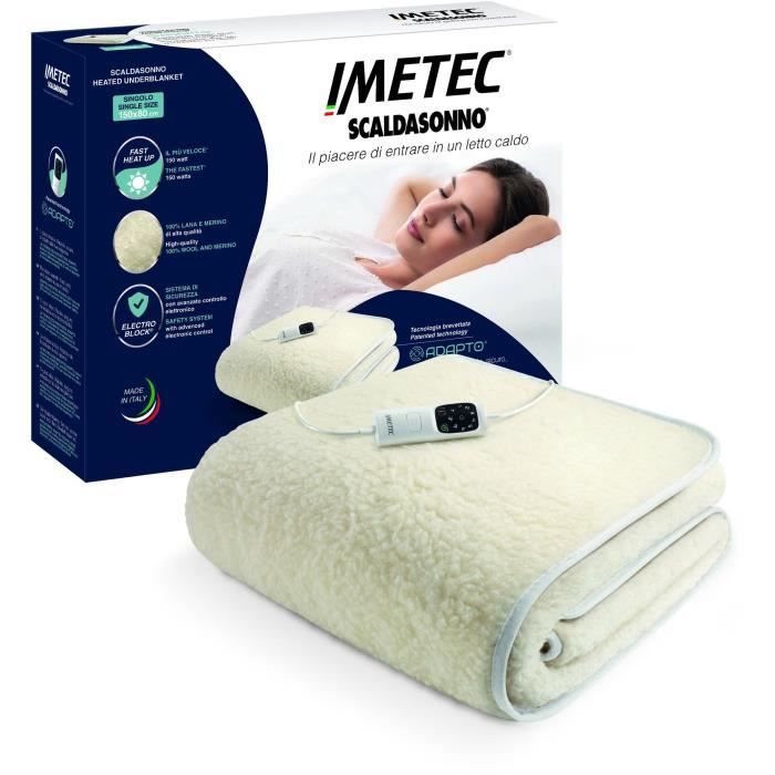 Surmatelas Chauffant - Imetec - 1 Place 100% Laine et Mérinos, 150 x 80 cm - Chauffage Rapide-6 Températures -Température Constante IMETEC