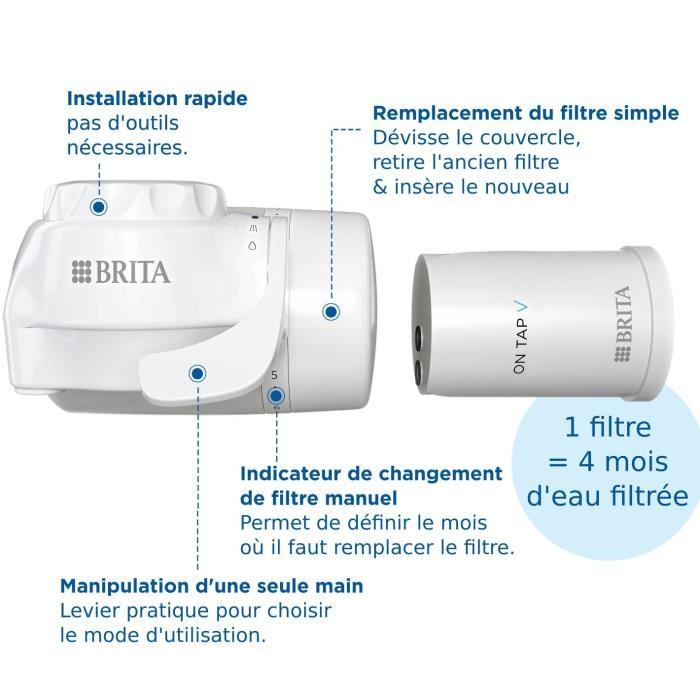 Systeme de filtration sur robinet - BRITA - ON TAP V - 600 L d’eau filtrée / 4 mois - 3 modes d’utilisations - 5