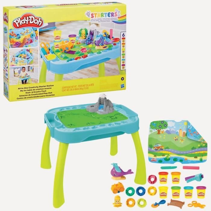 Table de création Play-Doh réversible pour enfants avec 15 accessoires et 6 pots de pâte a modeler Play-Doh Starters