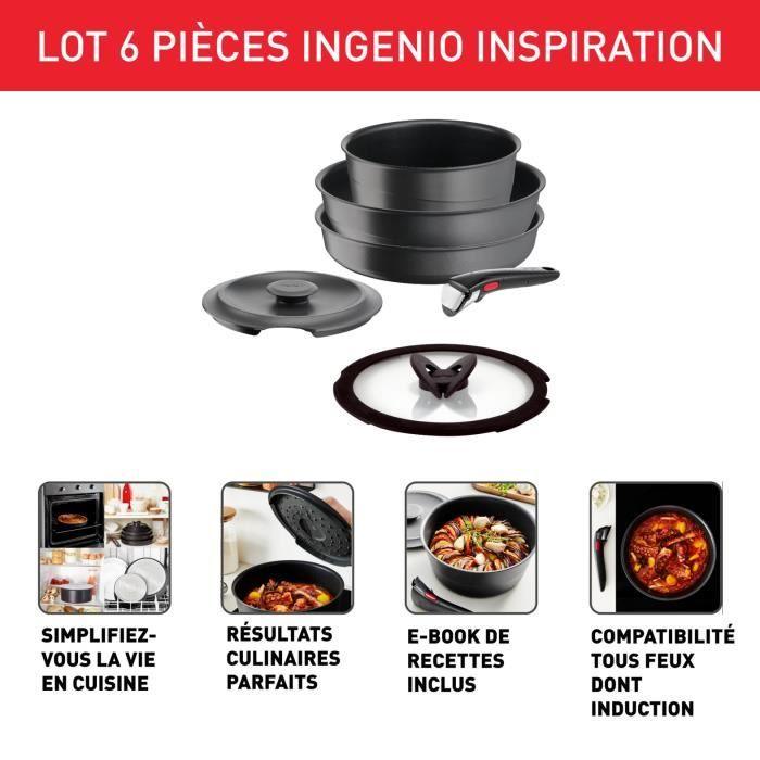 TEFAL INGENIO Lot 6 pieces, Induction, Fonte aluminium, Antiadhésif, Poele, Cocotte, Couvercle fonte + verre, Inspiration L867S604 TEFAL