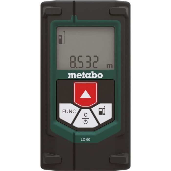 Appareil de mesure laser Metabo affichant 85,32 mètres, télémètre laser LD 60