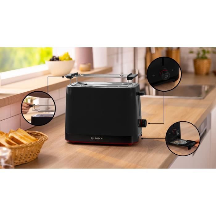 Toaster - BOSCH -  TAT3M123 MyMoment - Noir mat - 2 tranches - centrage automatique du pain - fonctions décongélation et réchauffage BOSCH