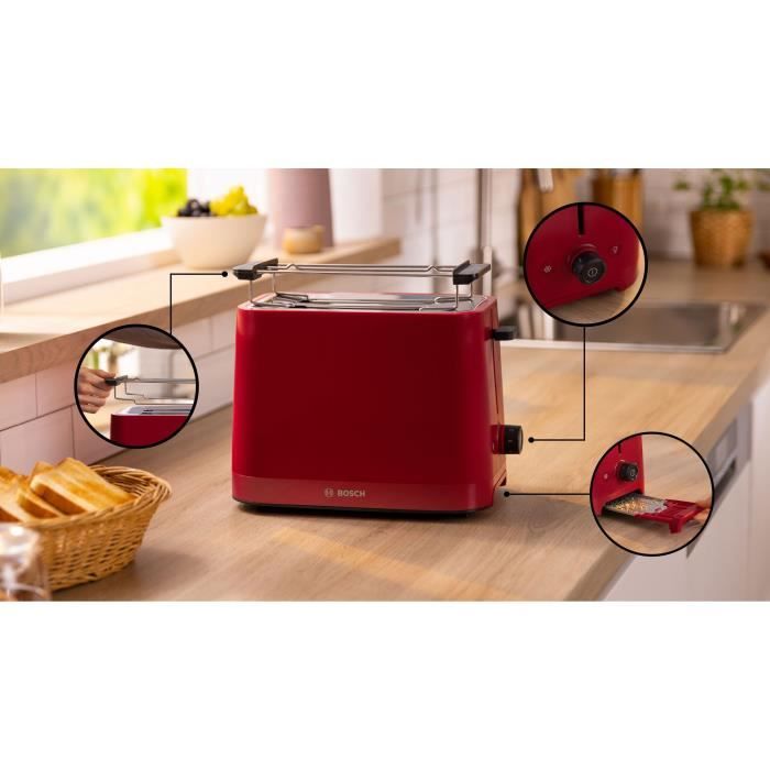 Toaster - BOSCH - TAT3M124 MyMoment - Rouge mat - 2 tranches - centrage automatique du pain - fonctions décongélation et réchauffage BOSCH