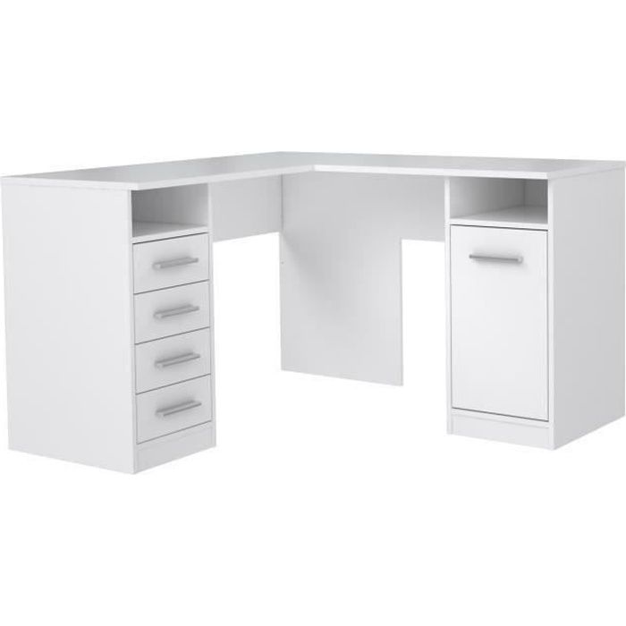 TOLEDE Bureau d’angle 1 porte 4 tiroirs - Décor papier blanc - L 125 x P 125 x H 75 cm