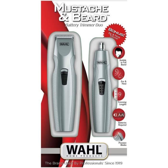 Tondeuse barbe - WAHL - Mustache & Beard - avec tondeuse nez/oreilles - sabots variables a 5 positions