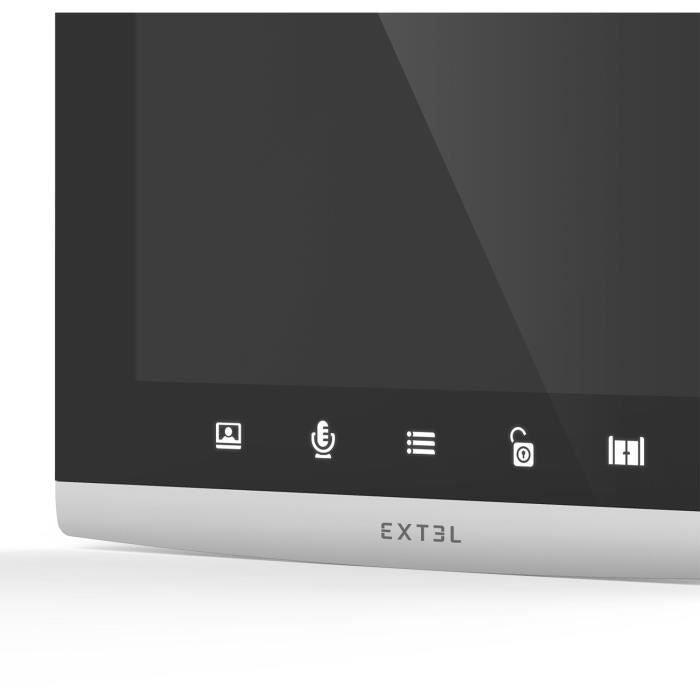 Écran d’ordinateur avec icônes de menu et branding EXTEL pour Visiophone filaire