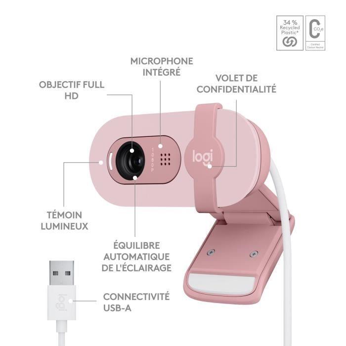 Webcam Logitech Brio 100 Webcam Full HD avec confidentialité, Correction automatique de l''éclairage, USB-A - Rose LOGITECH