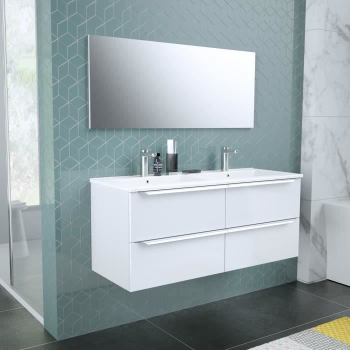 ZOOM meuble de salle de bain double vasque avec miroir L 120cm - 4 tiroirs a fermeture ralenties - Blanc laqué brillant