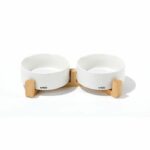 Ciotole in ceramica con supporto in bambù 2x350 ml - Mpets - OPERA - Bianco