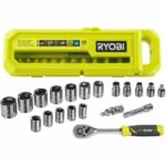 Scatola da 1 chiave 90 denti (angolo di recupero 4°) e 16 bussole (da 7 a 24 mm), adattatore 1/4'' Hex - 3/8'' Hex - Compatibile Ryobi