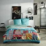 Completo letto - TODAY - JAVA - 2 persone - 240x220 cm - Cotone - Stampa Tokyo - Blu