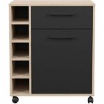 ESTUDIO - Carrito de servicio - 1 puerta 1 cajón - 5 compartimentos para botellas - 60 x 40,3 x 71 cm - Roble / Negro mate - PARISOT