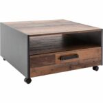 Tavolino quadrato - Truciolare - Legno invecchiato e decoro grigio - Doppio piano - 1 cassetto - L70 x P70 x H40 cm