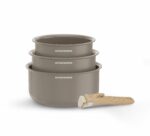 Set di 3 pentole - Adatto a tutti i piani cottura, inclusa l'induzione - ARTHUR MARTIN - AM1122 - Ceramica - Ø 16-18-20 cm + manico removibile - Tortora