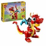 LEGO Creator 31145 Giocattolo del Drago Rosso 3 in 1 con 3 minifigure di animali, tra cui un Drago Rosso, un Pesce e una Fenice