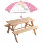 Tavolo da picnic in pino unicorno con parasole - FUN HOUSE - H.53 x L.95 x P.75 cm - Per bambini