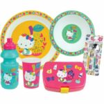 FUN HOUSE - Set di stoviglie HELLO KITTY - Bicchiere, piatto fondo (diametro 16 cm), piatto piano (diametro 22 cm), posate, borraccia, contenitore per snack