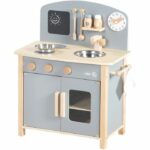 Cucina per bambini in legno ROBA - Con piano cottura, forno, lavello, accessori e orologio - Grigio/Naturale