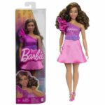 Barbie-Barbie Fashionistas 225-Bambola rotonda capelli castani e vestito rosa HRH22