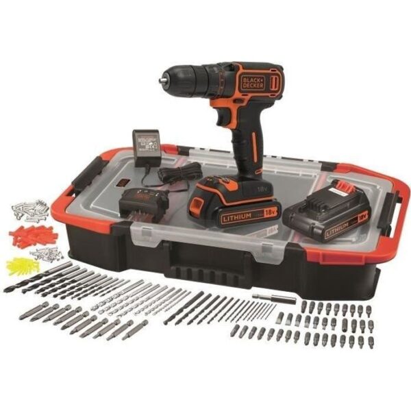 Trapano avvitatore a batteria al litio 18 V BLACK & DECKER - 2 batterie - Scatola 160 Accessori -BDCDC18BAST-QW