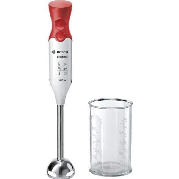 Frullatore a immersione BOSCH - 450 Watt - Frullatore a immersione in acciaio inossidabile - 4 lame affilate - 2 velocità - Ciotola graduata 600 ml - bianco / rosso
