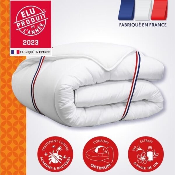 Couette 140x200 cm DODO CHAMPS DE LIN - Chaude - 450G/m² - Couette 1 personne -Douce et Chaude -Anti-acariens Antibactériens -Blanc