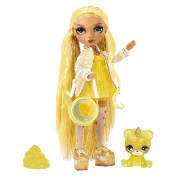 Bambola d'alta moda arcobaleno con kit di slime e animale domestico - Sunny (Giallo) - Bambola glitterata da 28 cm con kit di slime e animale domestico