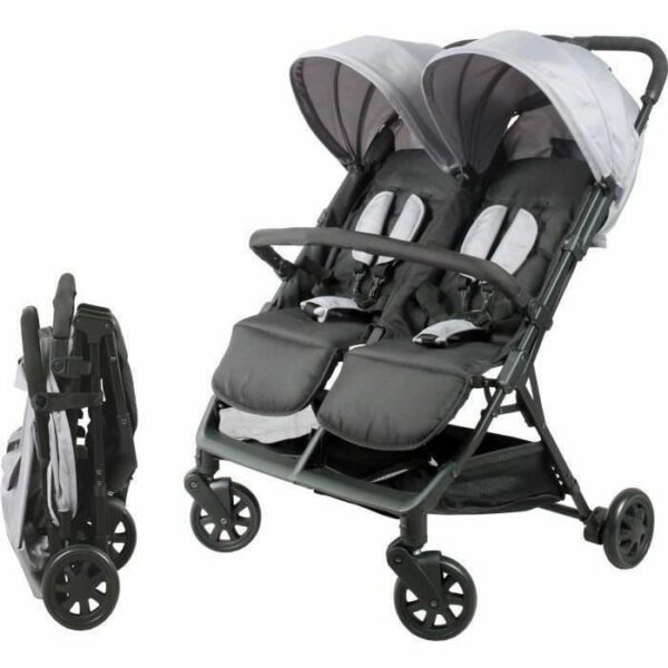 Bambisol - DS209 GREY BLACK - Side-by-Side Double Stroller | For Twins from Birth, Ultra-Compact Fold | Black Grey