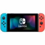 Nintendo Switch console with a neon red joy-con and a neon blue joy-con - Image 3