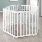 ROBA LITTLE STARS Hegaxonal Baby Playpen - Adjustable Height - Padded Cover - Braked Wheels - White Lacquered Wood - Star Pattern - Image 5