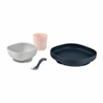 BEABA, Baby Silicone Meal Box, With Suction Cup, Anti-slip, 4 Pieces, Plate + Bowl + Glass + Spoon, Night Blue - Image 2